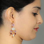 Handcarved Flower Natural Ruby Diamond Multiple Gemstone Chandelier Earrings In 18k Yellow Gold