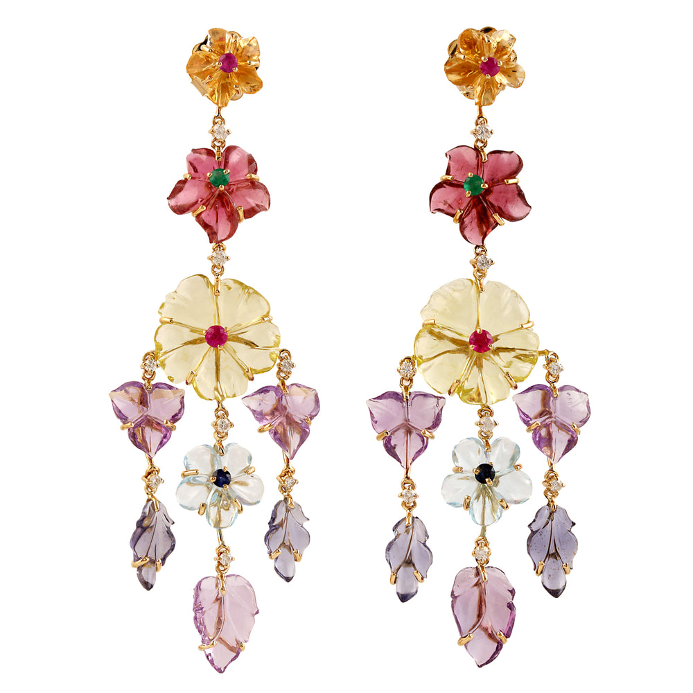 Natural Emerald Ruby Diamond Sapphire Tourmaline Handcarved Flower Chandelier Earrings In 18k Yellow Gold