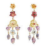 Natural Emerald Ruby Diamond Sapphire Tourmaline Handcarved Flower Chandelier Earrings In 18k Yellow Gold