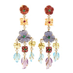 Handcarved Multiple Gemstone Pave Ruby Emerald Tourmaline Flower Dangle Earrings In 18k Yellow Gold