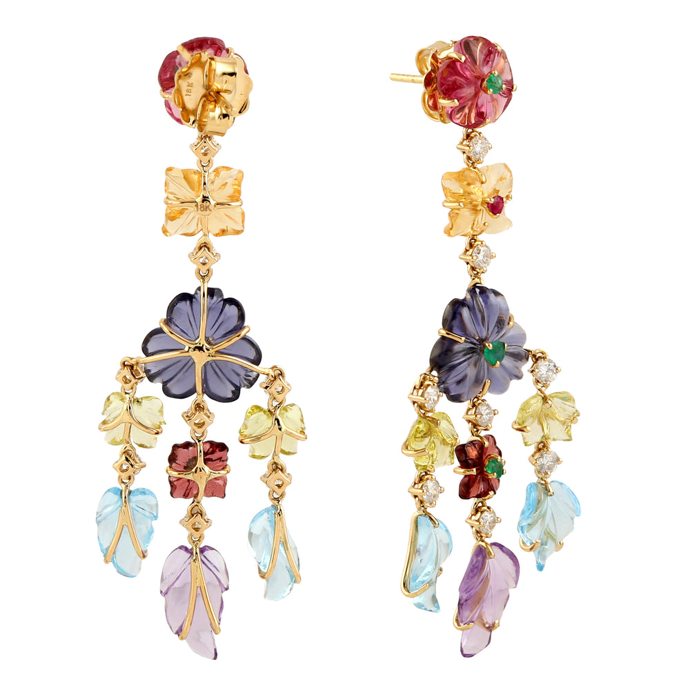 Handcarved Multiple Gemstone Pave Ruby Emerald Tourmaline Flower Dangle Earrings In 18k Yellow Gold