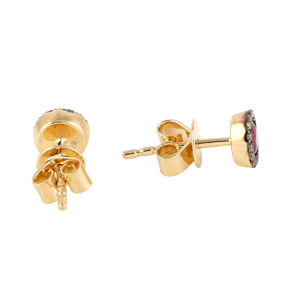 Natural Ruby Champaign Diamond 18k Yellow Gold Ear Stud Earrings