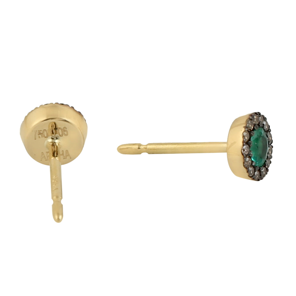 Natural Emerald Gemstone Pave Diamond Round Mini Stud Earrings In 18k Gold Gift For Her