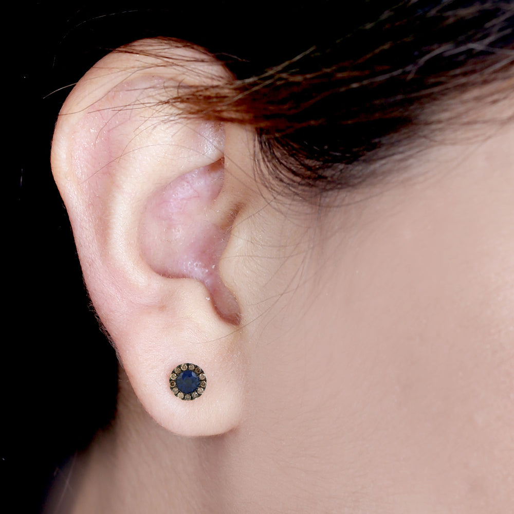 Natural Blue Sapphire Pave Diamond Stud Earrings Minimal Jewelry In 18k Gold For Her