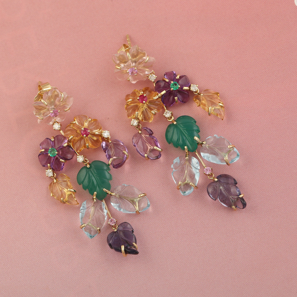 Handcarved Leaf & Flower Multiple Gemstone Dangle Earrings In 14k Yellow Gold Fine Jewelry
