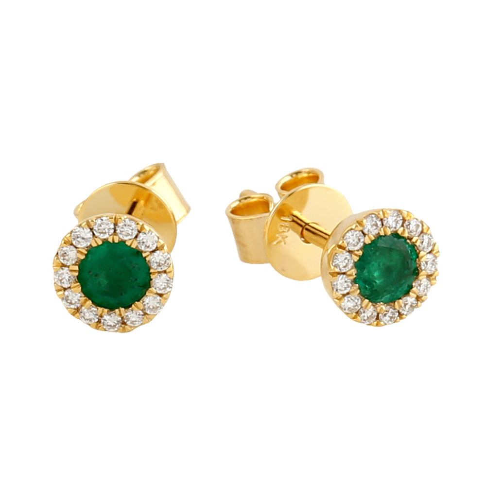 18k Yellow Gold Natural Gemstone Emerald Diamond Stud Earrings For Gift