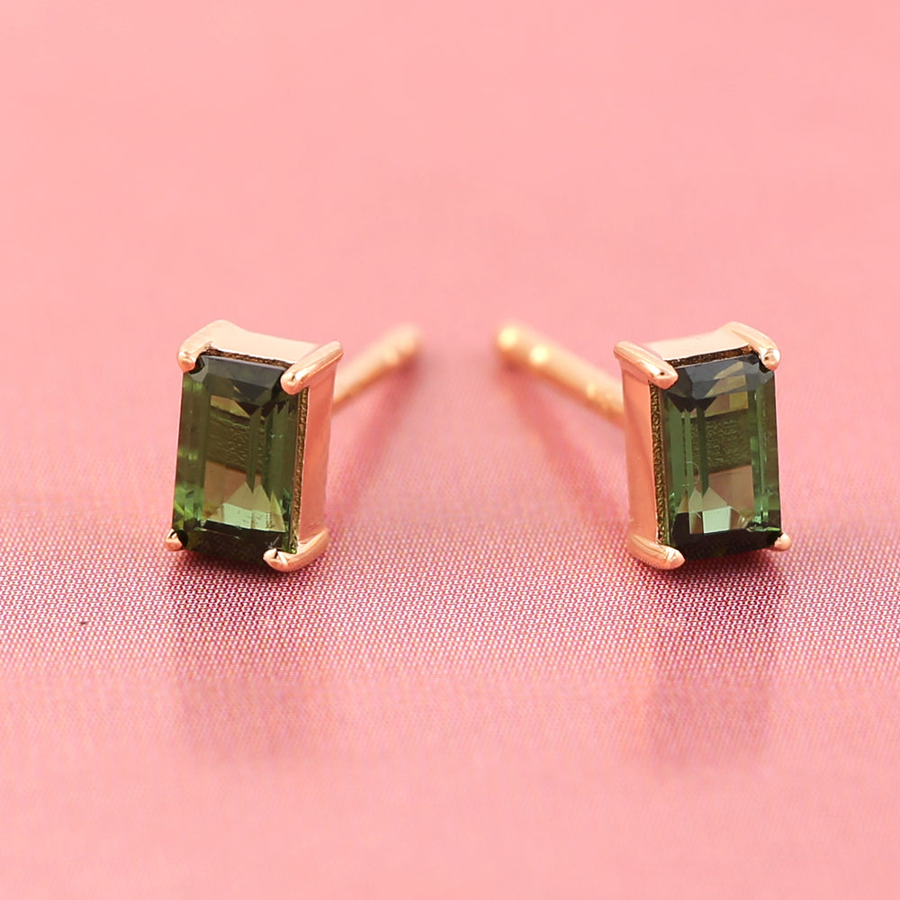 18k Rose Gold Prong Set Baguette Tourmaline Stud Earrings Minimal Jewelry