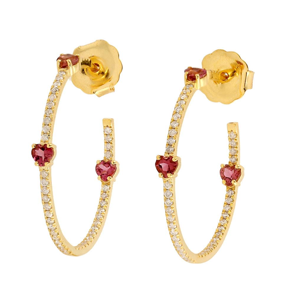Natural Micro Pave Diamond & Tourmaline Gemstone Half Hoop Earrings In 14k Yellow Gold For Her