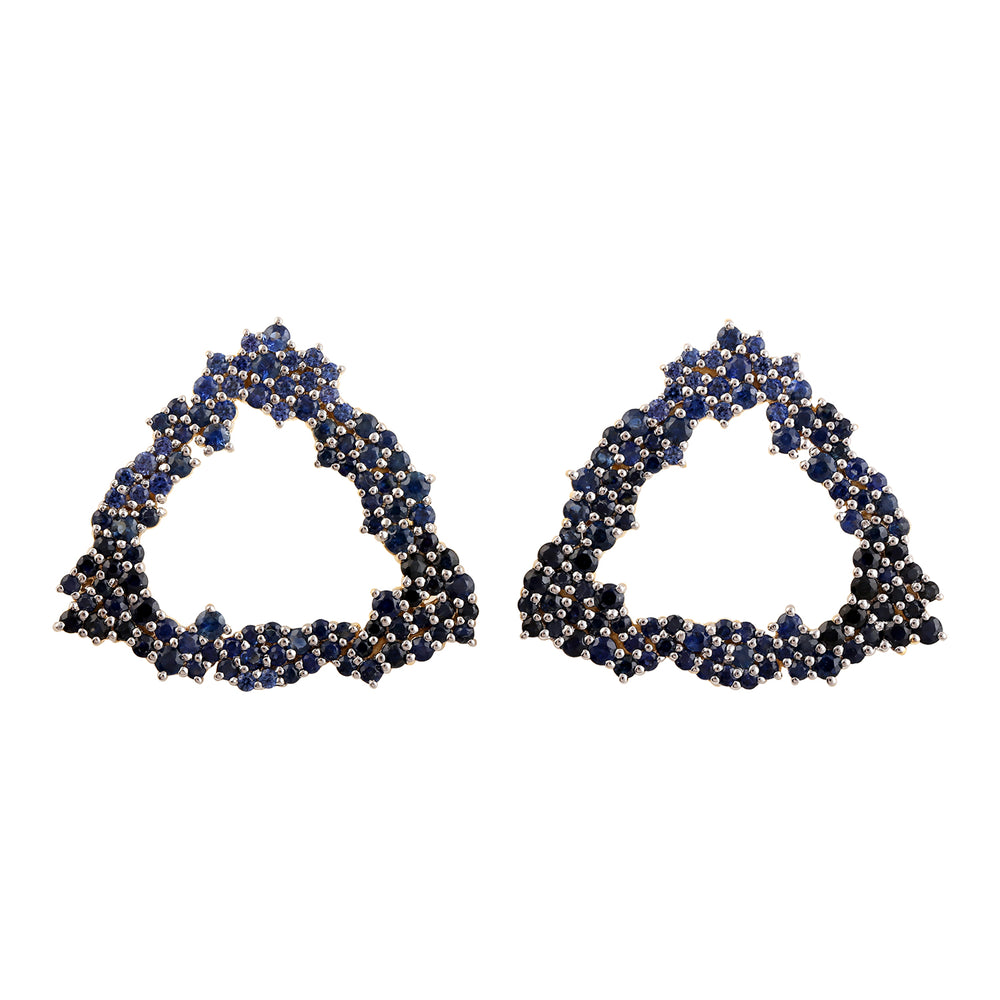 Natural Blue Sapphire Beads Trillion Hollow Stud Earrings Geometric Jewelry In 14k Yellow Gold