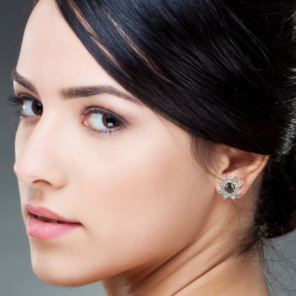 Natural Black & White Diamond Star Burst Stud Earrings Jewelry In 18k White Gold