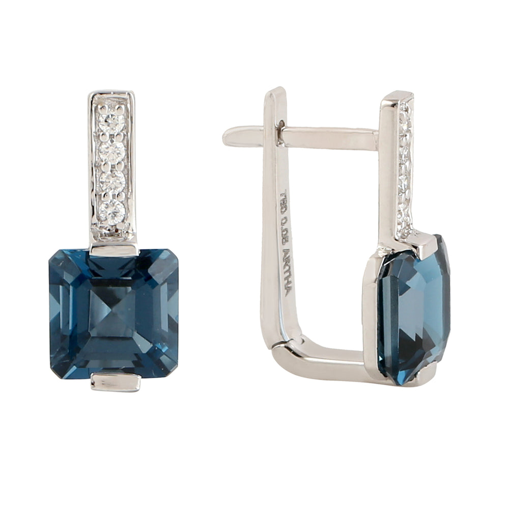Octagon Blue Topaz Pave Diamond Latch Back Lock Stud Earrings In 18k White Gold