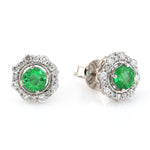 Natural Emerald Pave Diamond Halo Stud Earrings In 14k White Gold For Gift