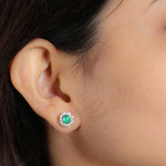 Natural Emerald Pave Diamond Halo Stud Earrings In 14k White Gold For Gift