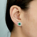 Prong Set Emerald Natural Diamond Halo Stud Earrings In 14k White Gold For Her