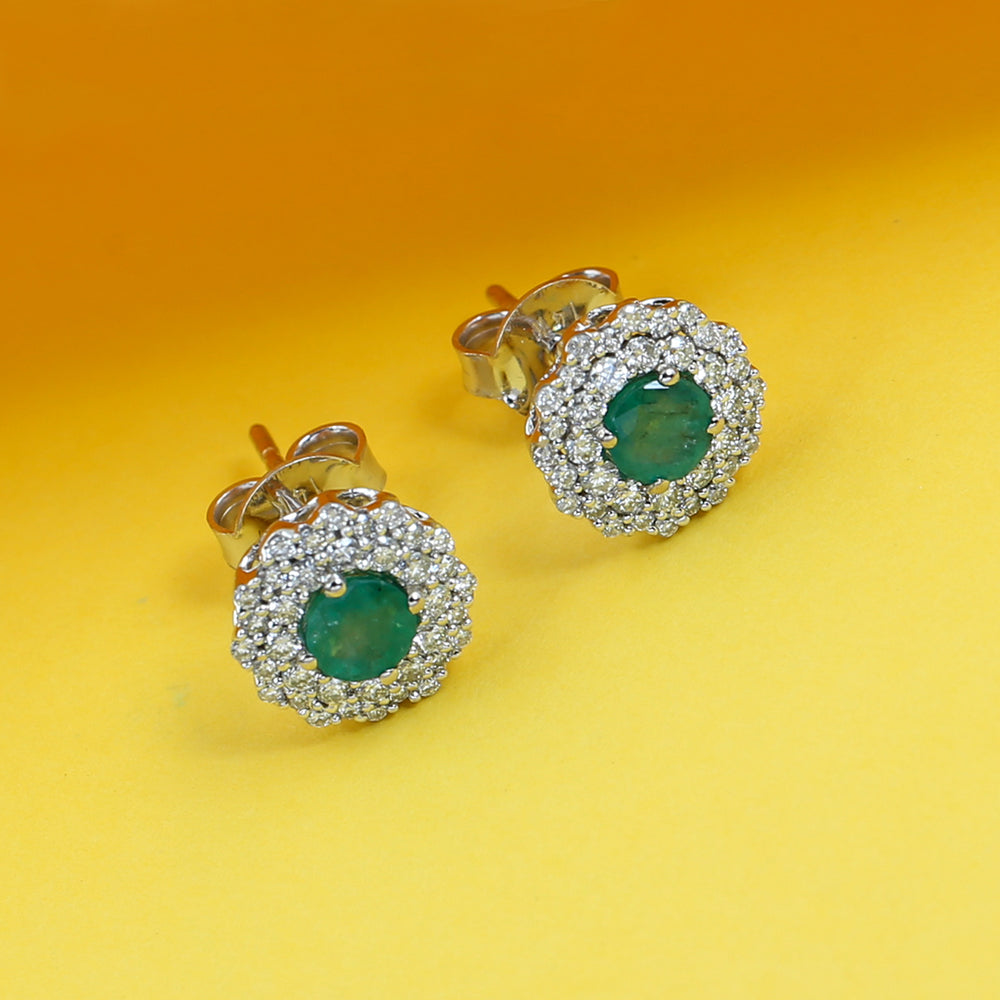 Natural Gemstone Emerald 14k White Gold Diamond Halo Stud Ear Jewelry