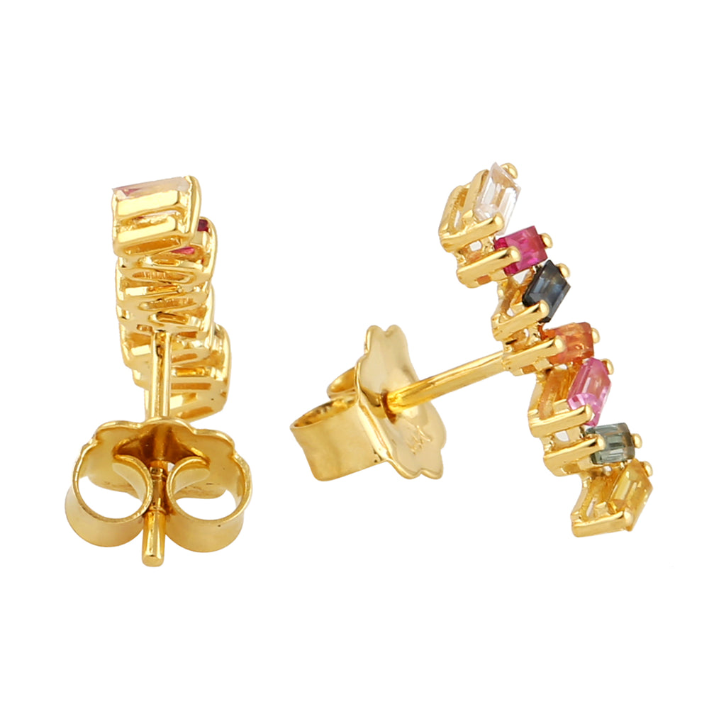 18k Yellow Gold Multicolor Baguette Sapphire Stud Earrings Jewelry In 18k Yellow Gold