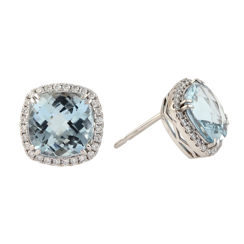 Natural Pave Diamond & Aquamarine Gemstone Stud Earrings In 18k White Gold