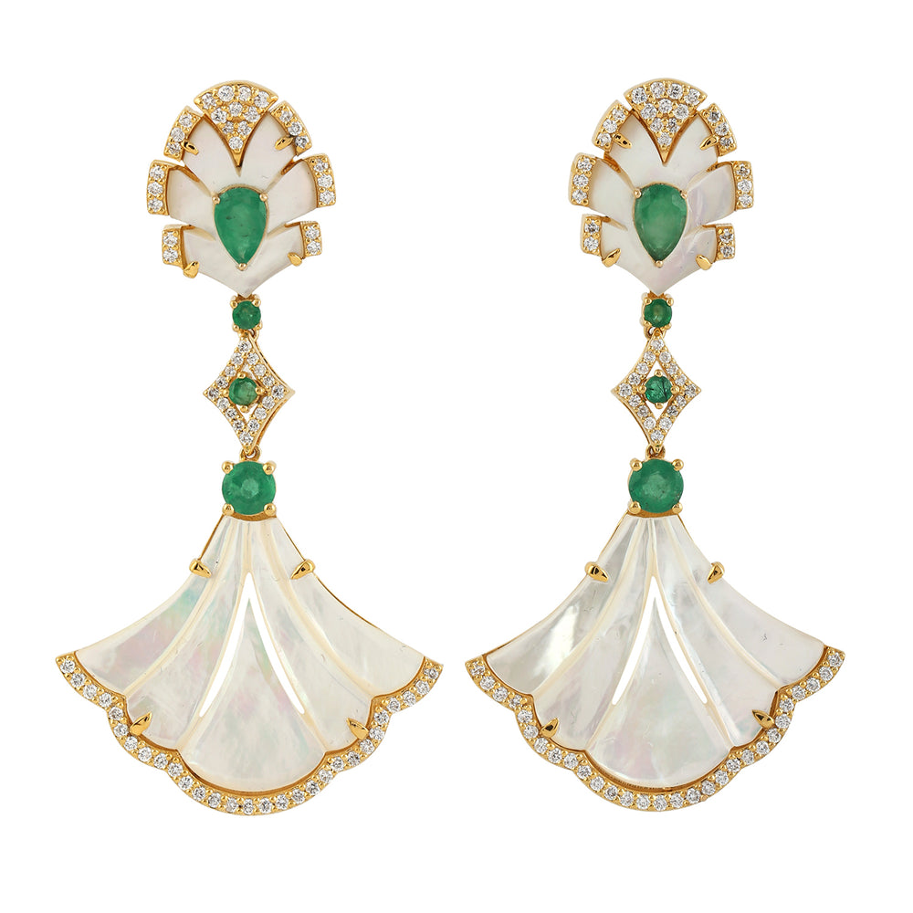 Beautiful MOP Pave Diamond Emerald Danglers In 18k Yellow Gold