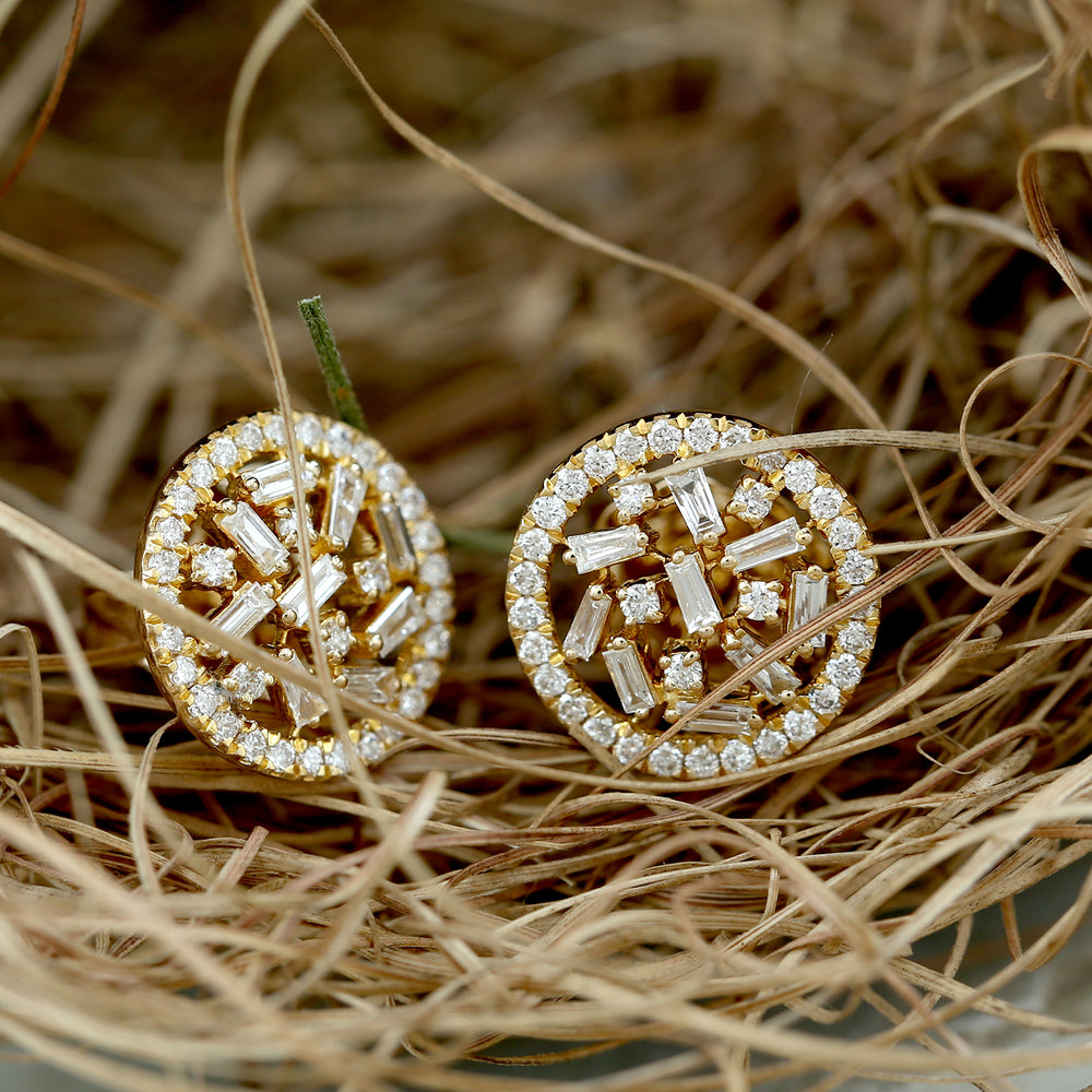 Baguette Diamond Cluster Stud Earrings In 18k Yellow Gold For Her