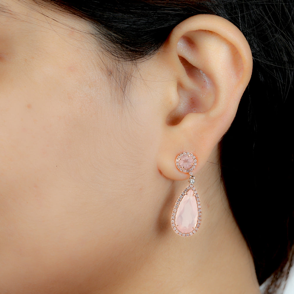 Pink Quartz & Diamond Tear Drop Dangle Earrings Jewelry In 18k Rose Gold For Her