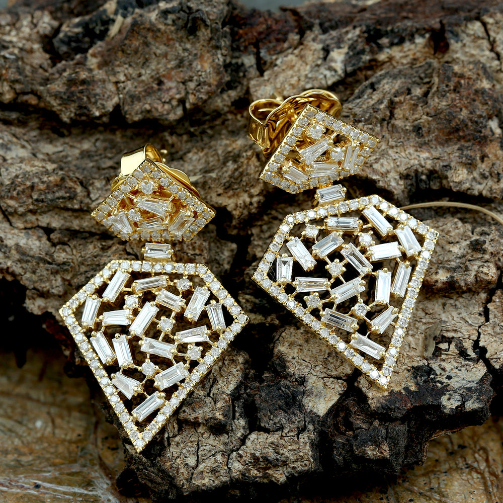 Baguette Diamond Cluster Danglers In 18k Yellow Gold For Her