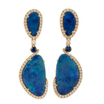 Natural Opal Doublet Pave Duiamond & Sapphire Designer Danglers In 18k Yellow Gold