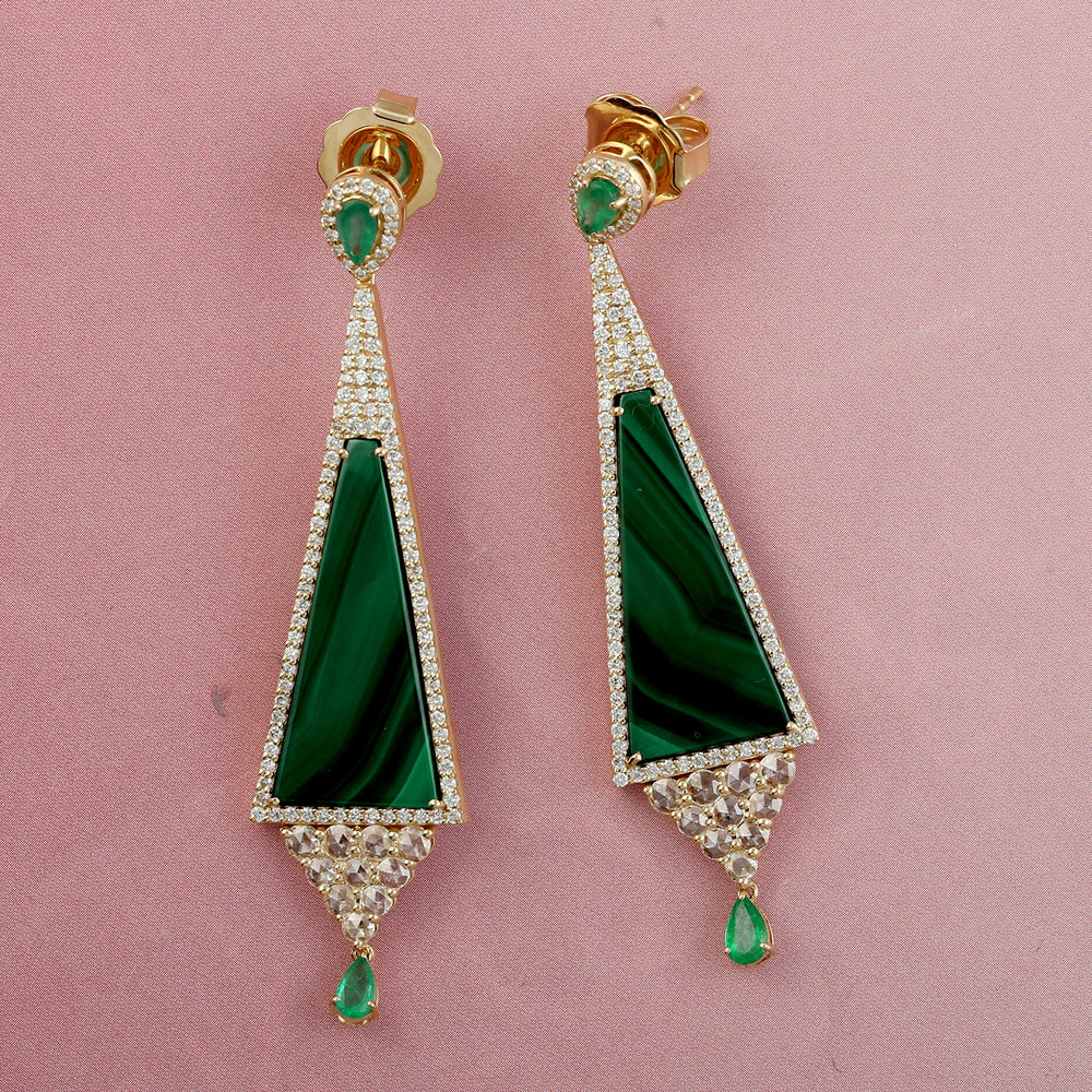 Pave Diamond Emerald Beautiful Malachite Earrings In 18k Yellow Gold