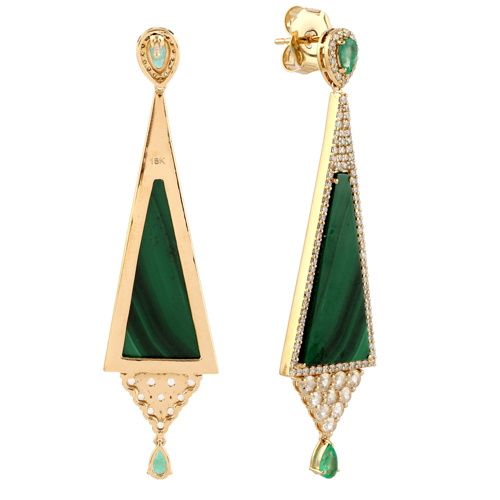 Pave Diamond Emerald Beautiful Malachite Earrings In 18k Yellow Gold