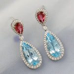 Blue Topaz & Pink Tourmaline Pave Diamond Tear Drop Dangle Earrings In 14k White Gold