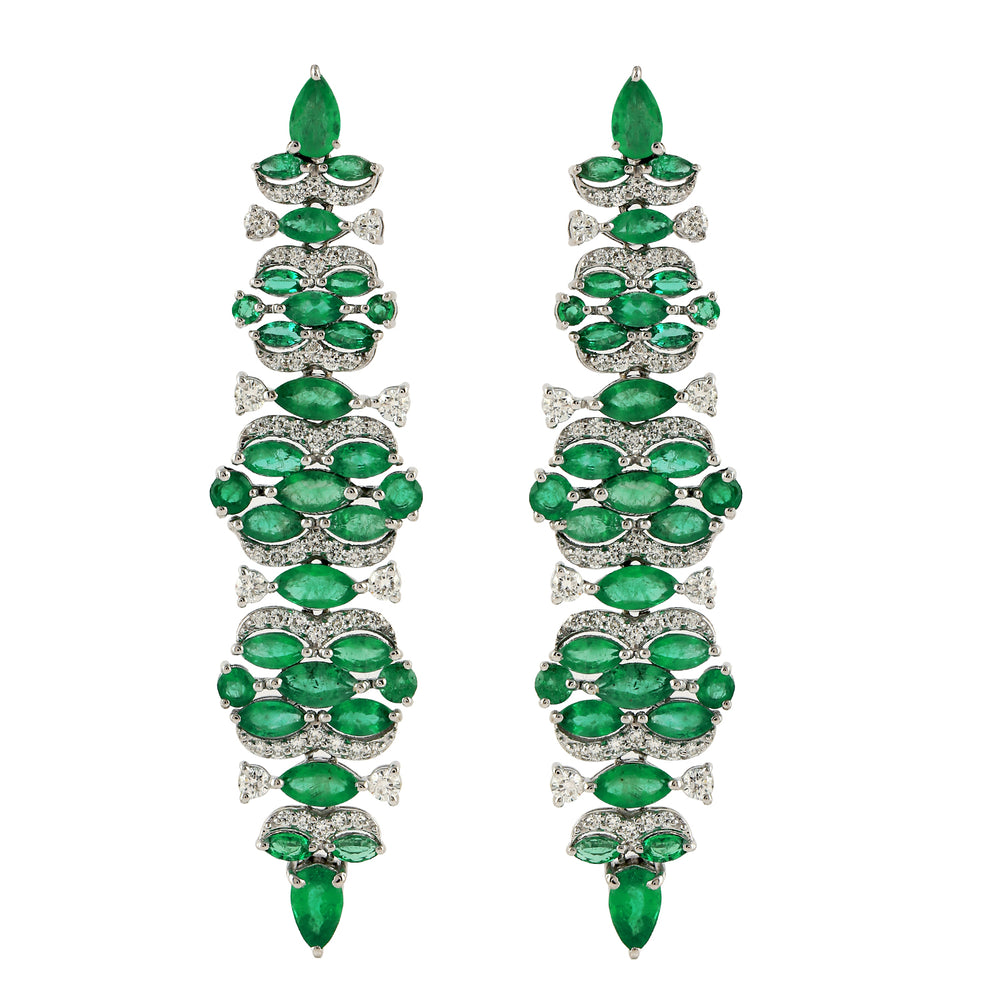 Natural Emerald Diamond Designer Party Wear Danglers In 14k White Gold