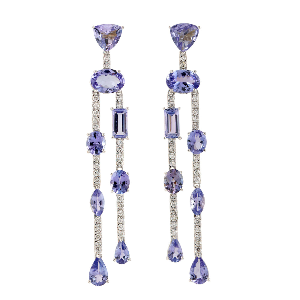 Beautiful Tanzanite Pave Diamond Long Drop Earrings In 18k White Gold