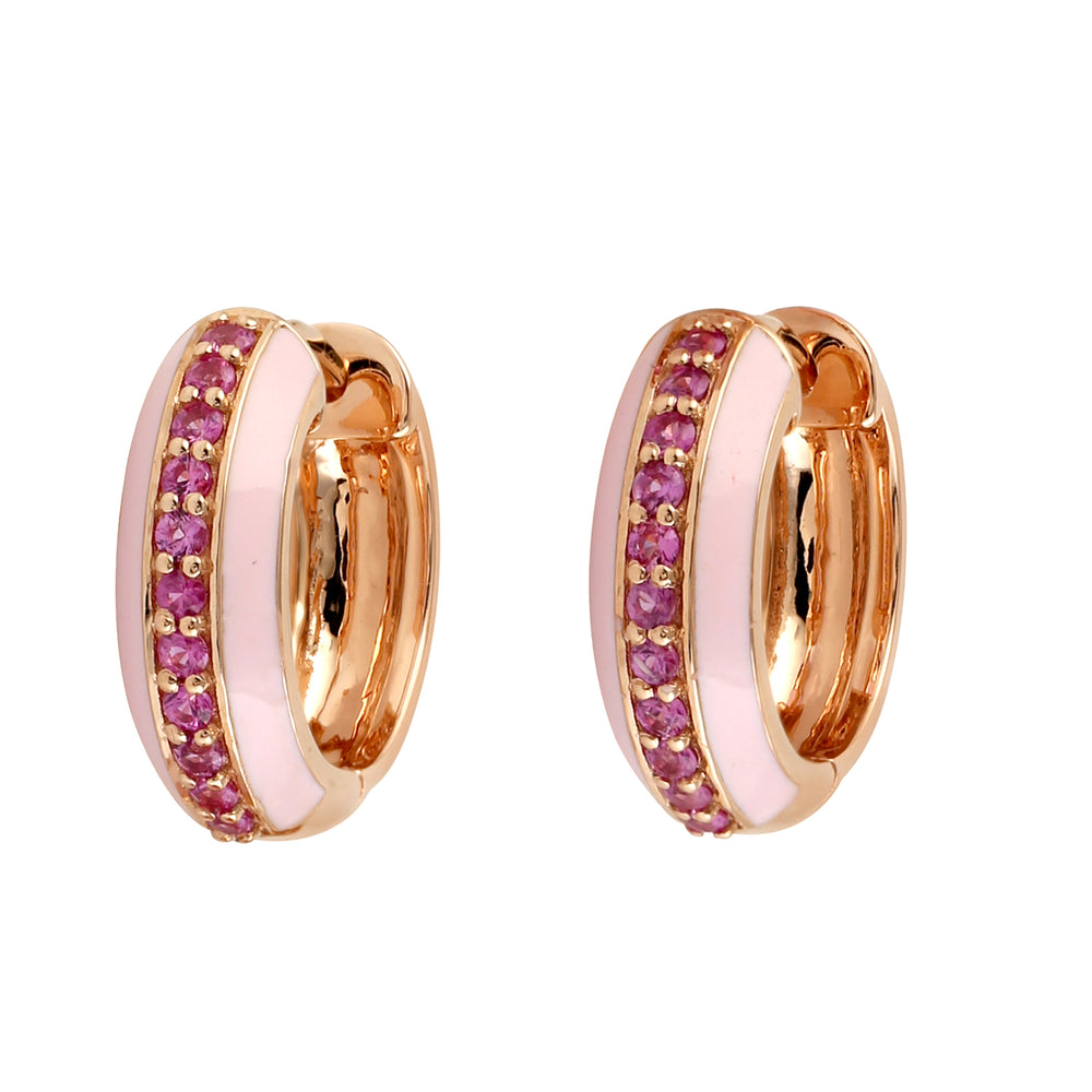 18k Rose Gold Pink Sapphire Hoop Earrings Enamel Jewelry