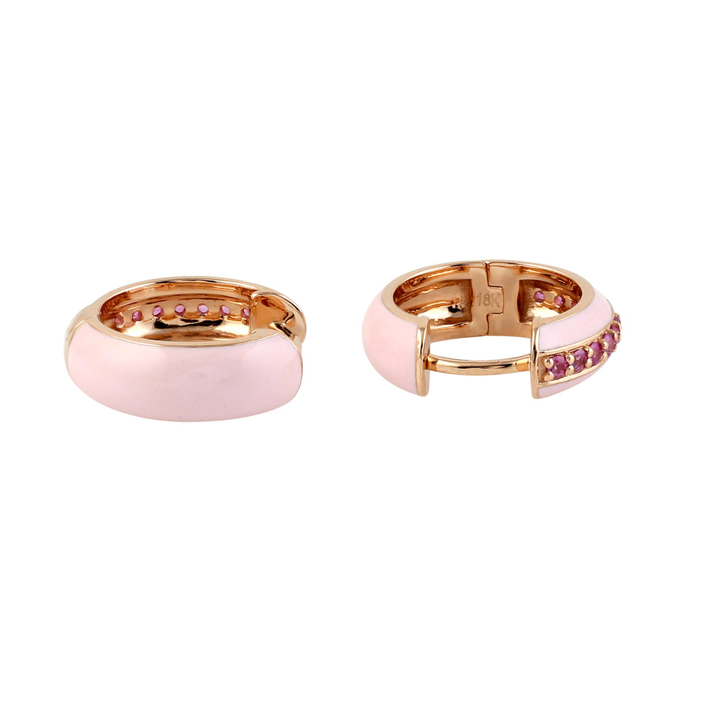 18k Rose Gold Pink Sapphire Hoop Earrings Enamel Jewelry