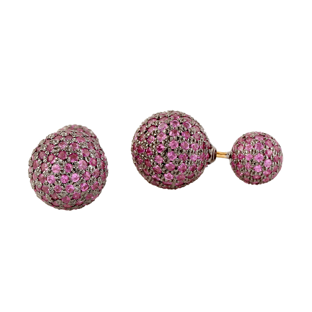 18k Yellow Gold Silver Pink Sapphire Double Side Ball Earrings