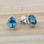 Blue Zirconia & Pave Diamond Oval Stud Earrings In 18k White Gold For Her