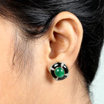 Natural Emerald Diamond Enamel Stud Earrings in 18k Gold Gift