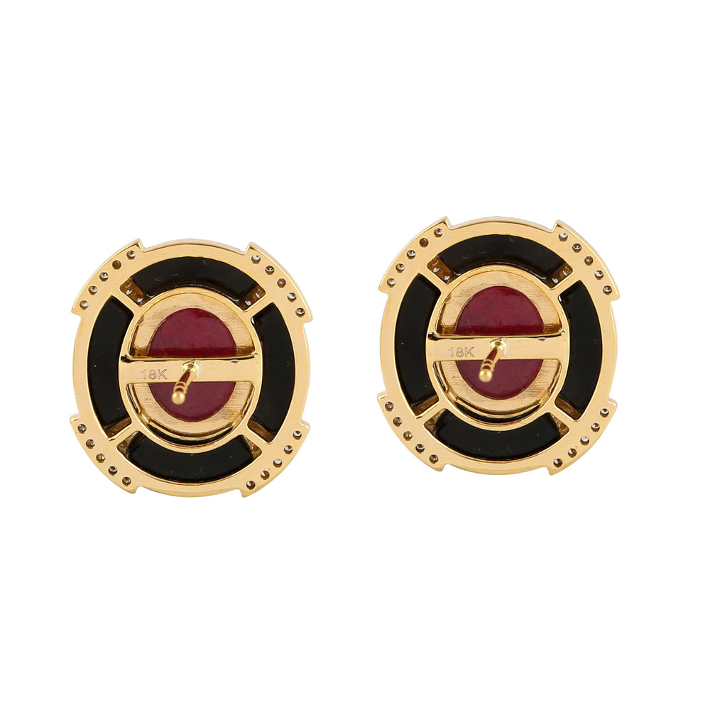Natural Ruby Diamond Enamel Stud Earrings in 18k Gold Gift