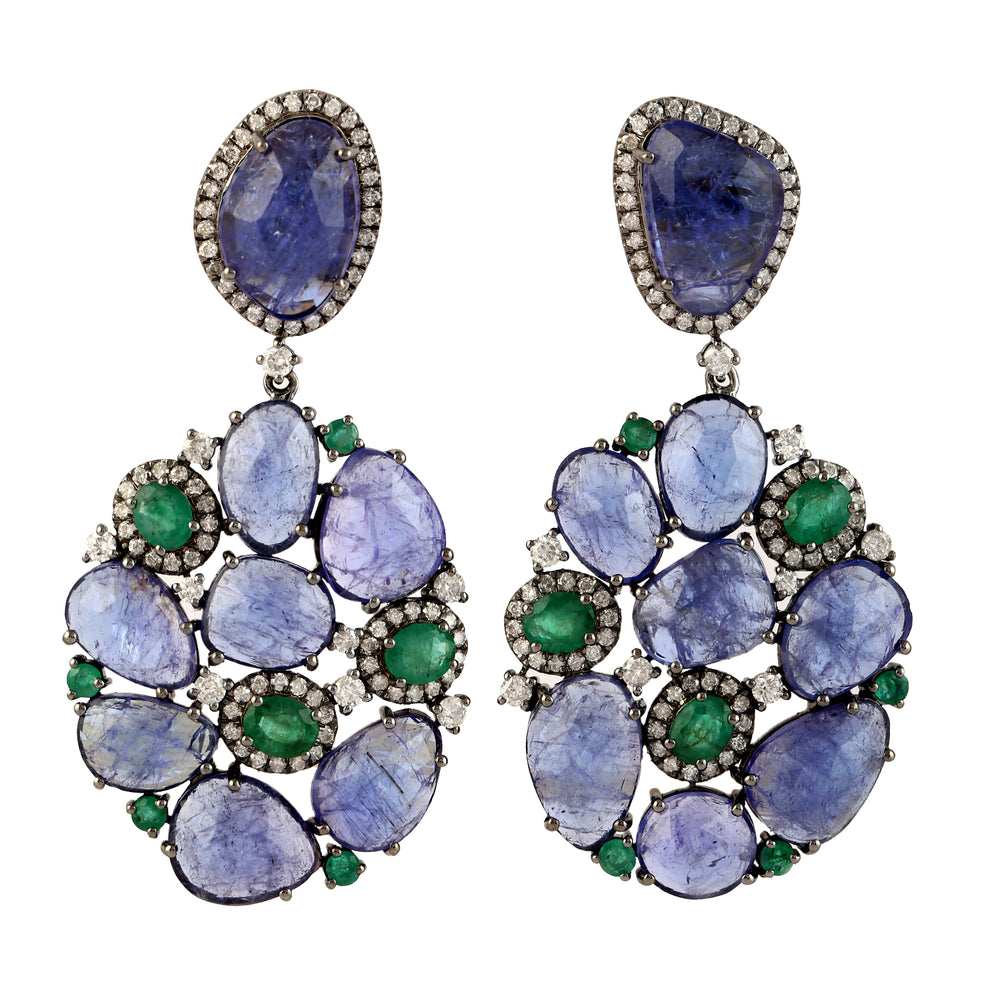 Natural Tanzanite Emerald Diamond 18k Gold Silver Designer Earrings