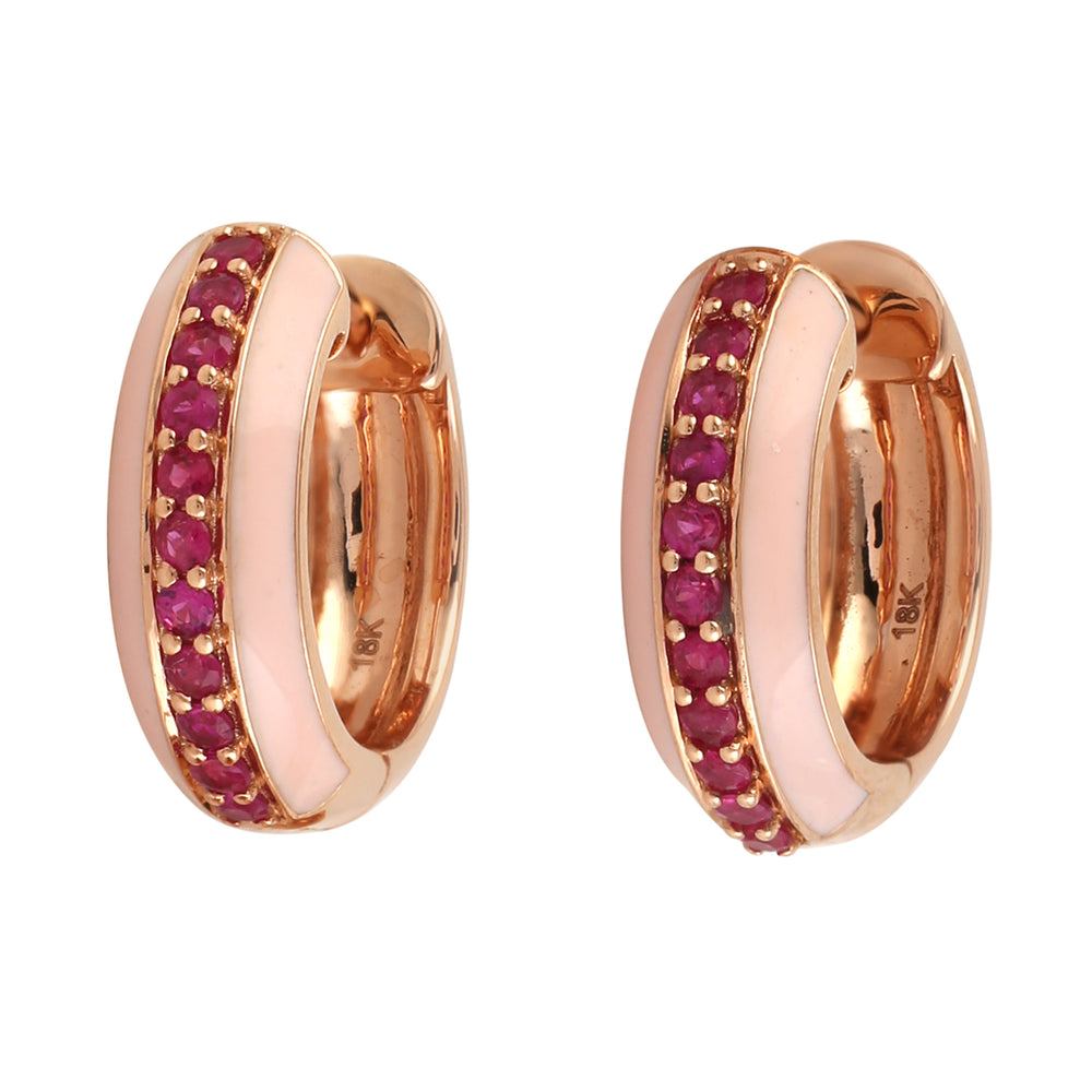 18k Rose Gold And Real Ruby Gemstone With Pink Enamel Hoop Earrings