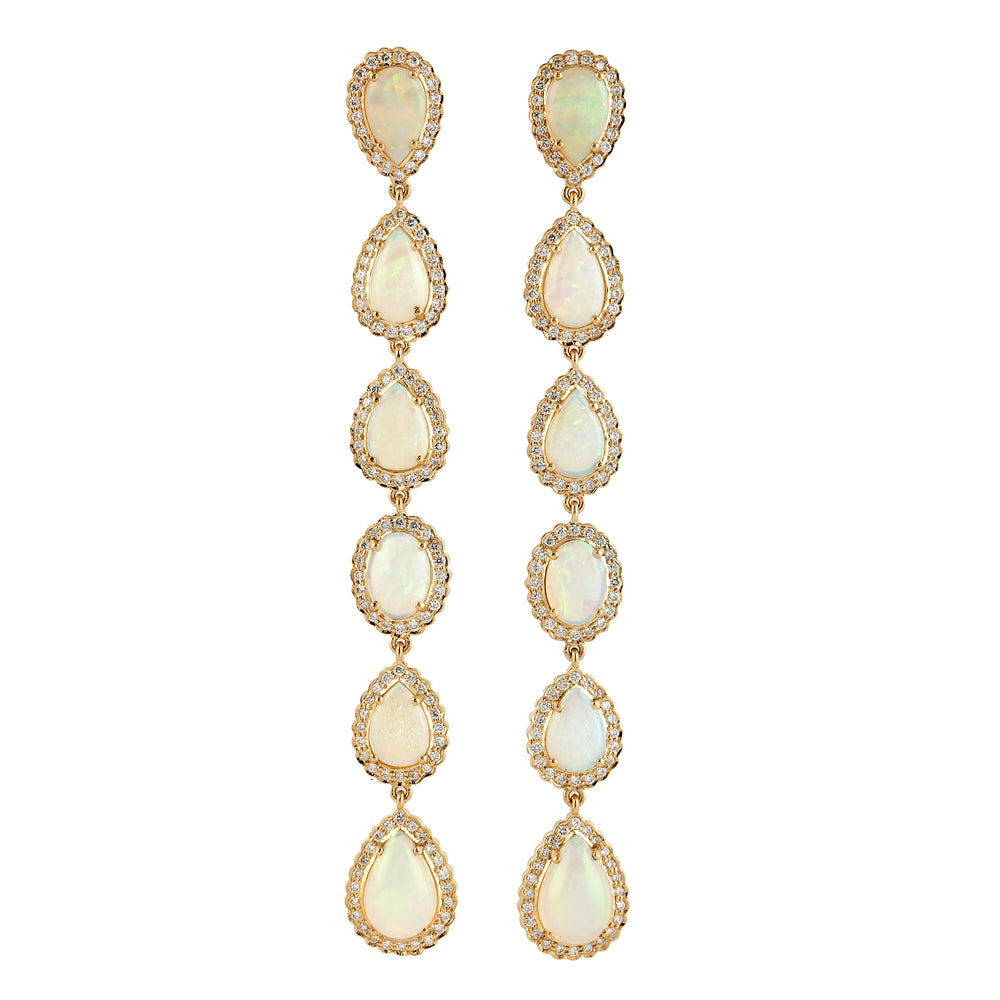 Opal Ethopian Long Drop Diamond Danglers in 18k Yellow Gold