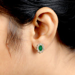 Oval Emerald Natural Diamond Stud Wedding Gift In 18k White Gold