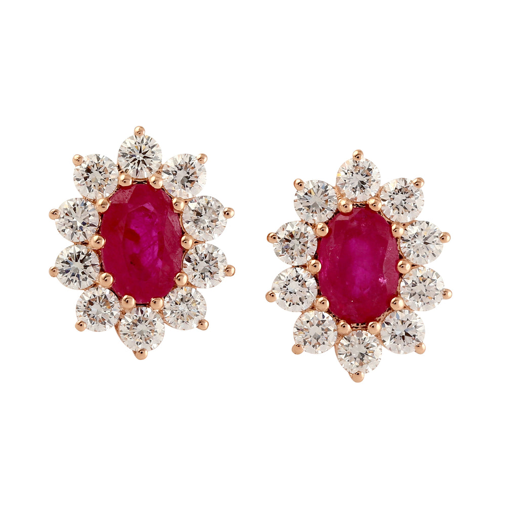Oval Ruby Natural Diamond Stud Wedding Gift In 18k Yellow Gold