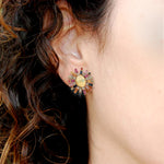 Multicolor Opal Ethopiaan Baguette Sapphire Sun Burst Design Stud Earrings In 18k Yellow Gold