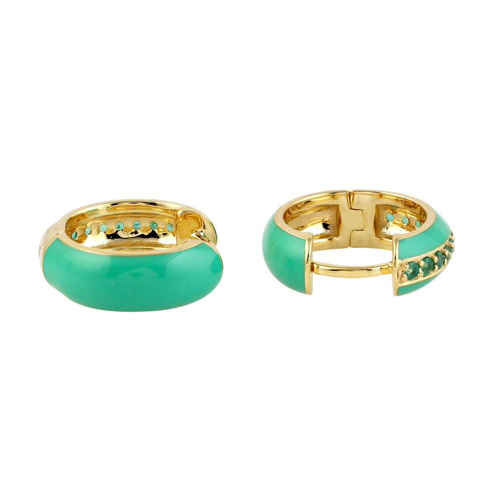 Natural Pave Emerald Huggie Enamel Jewelry 14k Gold