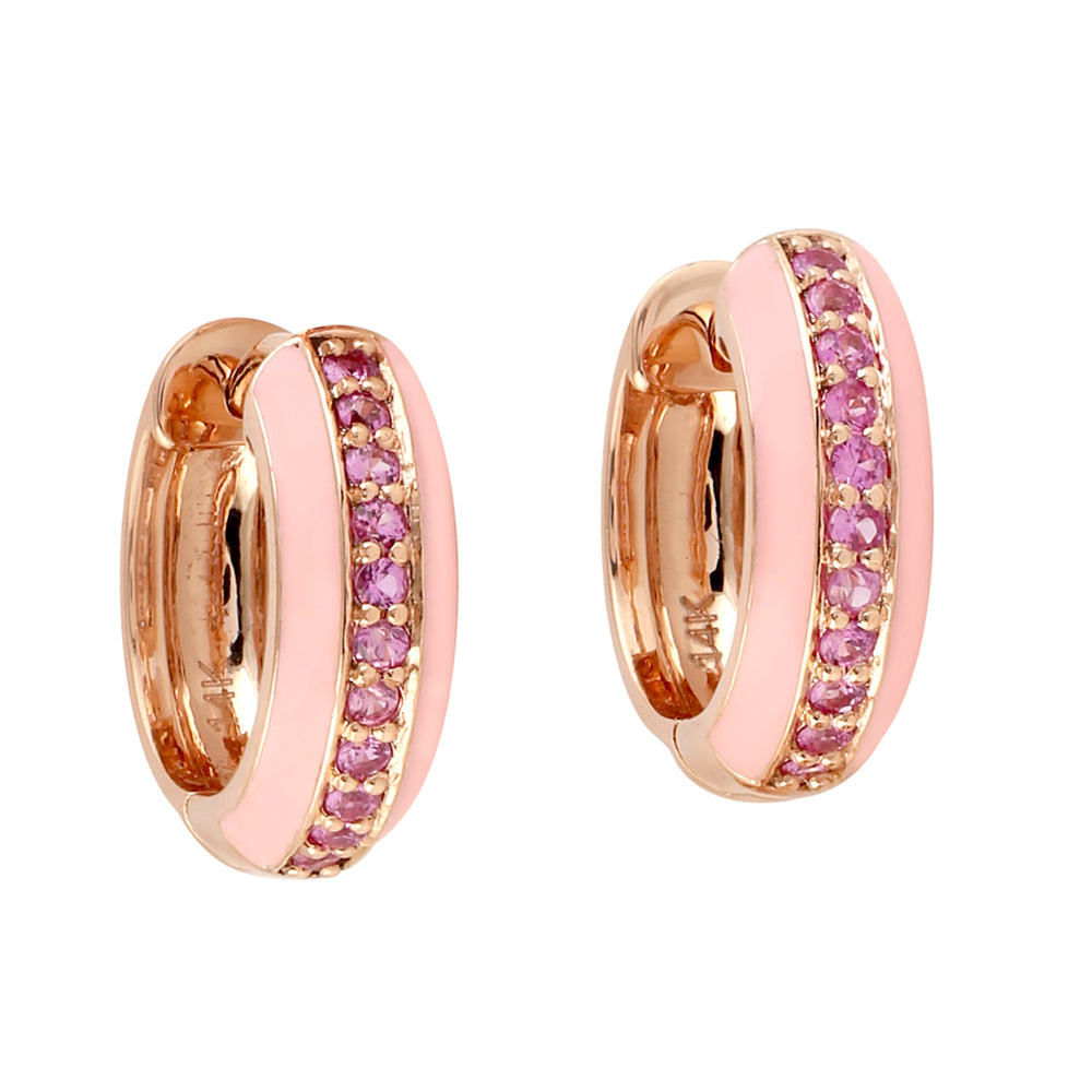 Natural Pink Sapphire Enamel Huggie Earrings In 14k Gold