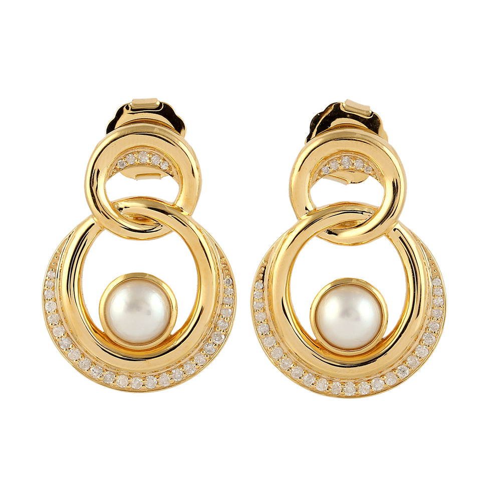 Solid 18k Yellow Gold Pave Diamond Interlock Circle Earrings For Her
