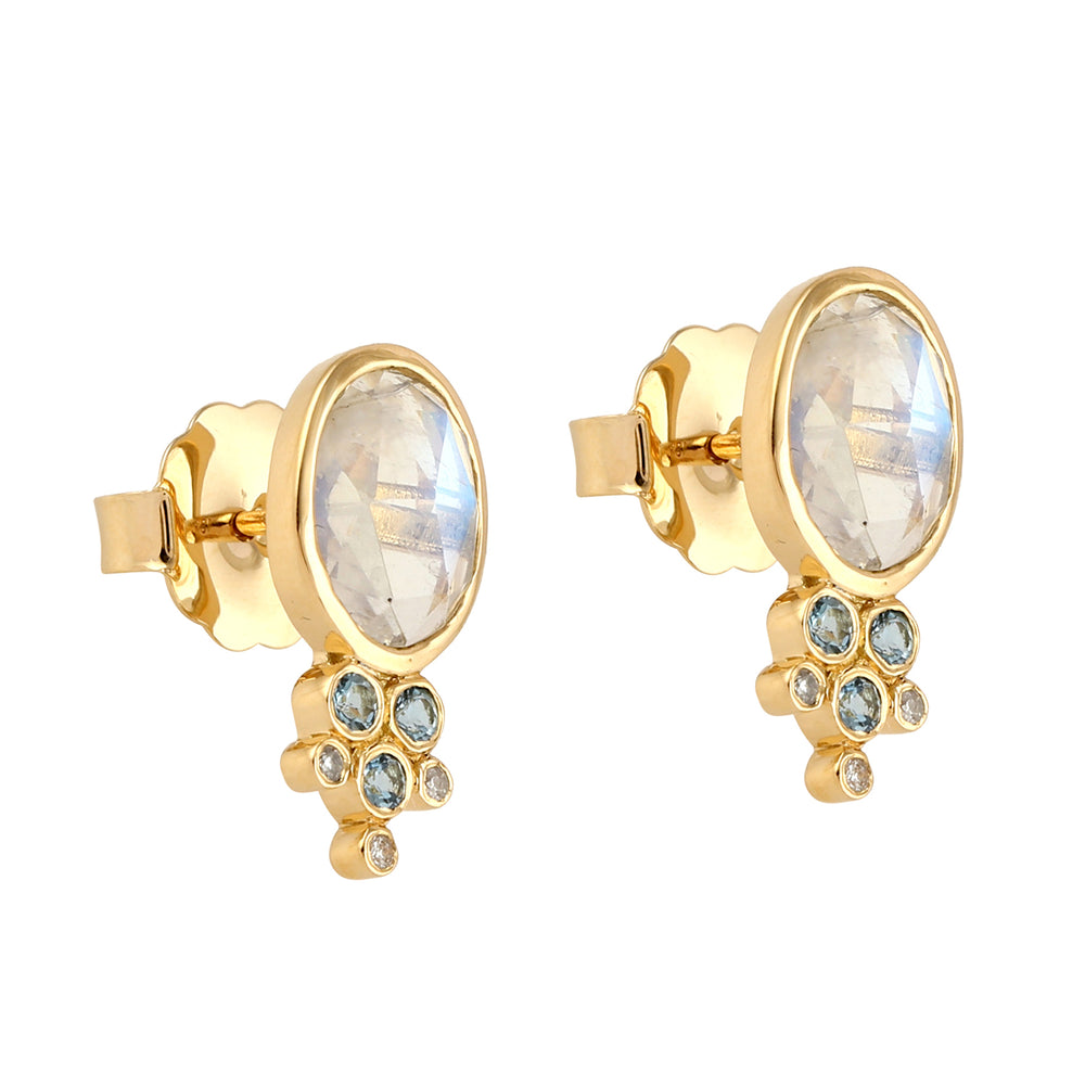 Faceted Moonstone Aquamarine Diamond Stud Earrings In 18k Gold