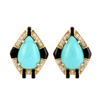 Pave Diamond Pear Cut Turquoise Enamel Stud Earrings In 18k Yellow Gold