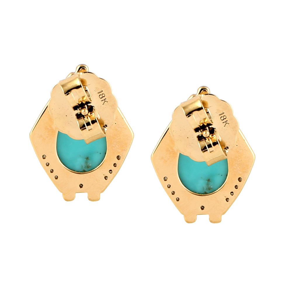 Pave Diamond Pear Cut Turquoise Enamel Stud Earrings In 18k Yellow Gold