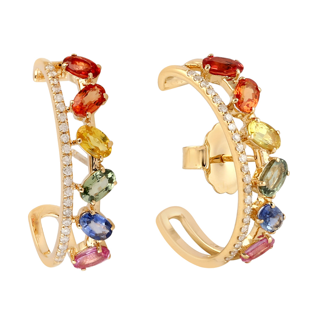 Multicolor Sapphire Pave Diamond Half Hoop Earrings In 18k Gold